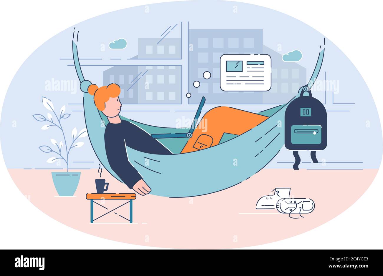 Freelancer in hammock semi flat vector illustration Stock Vector