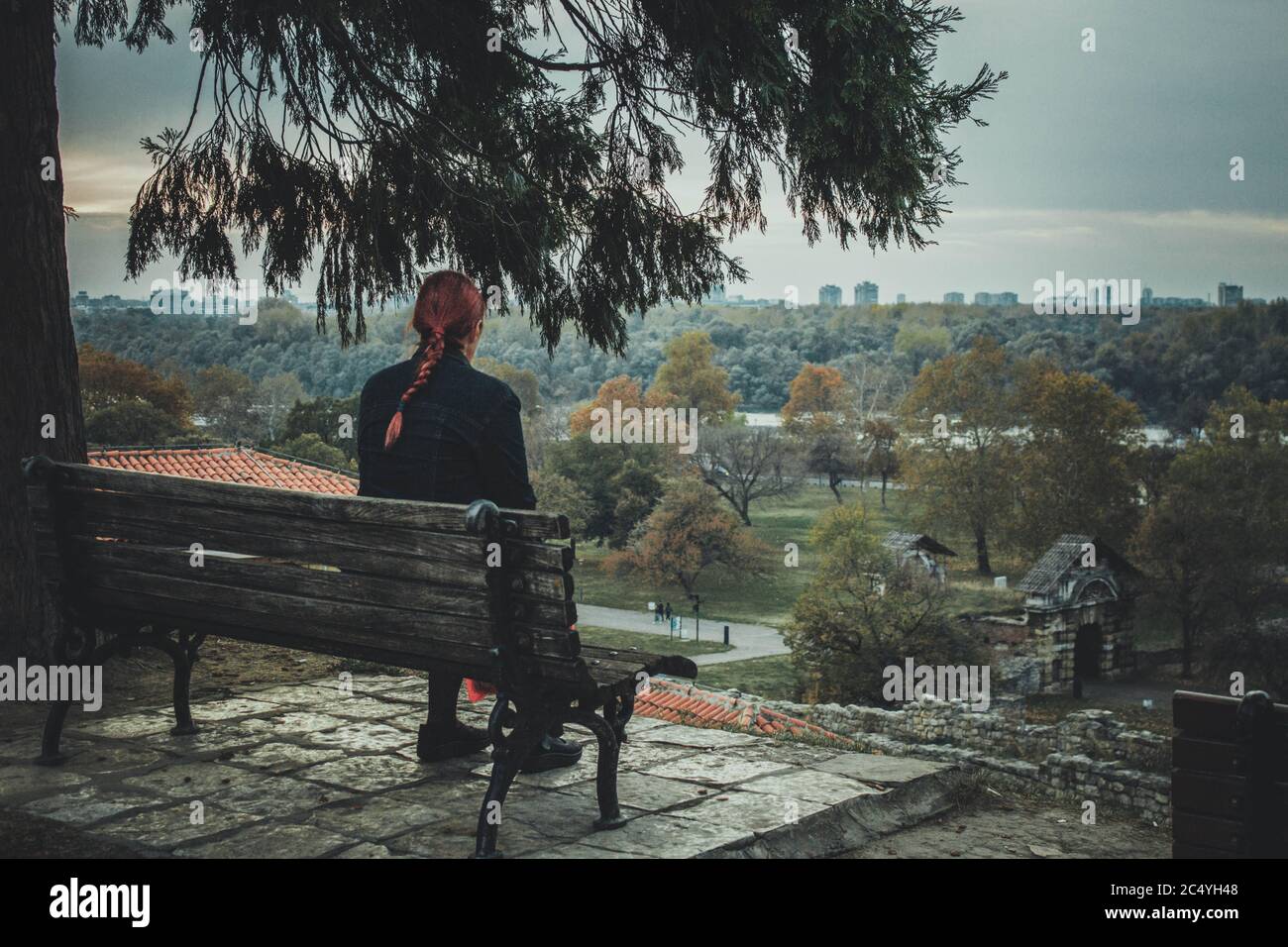 woman on the bench View from Kalemegdan fortress, Belgrade Stock Photo