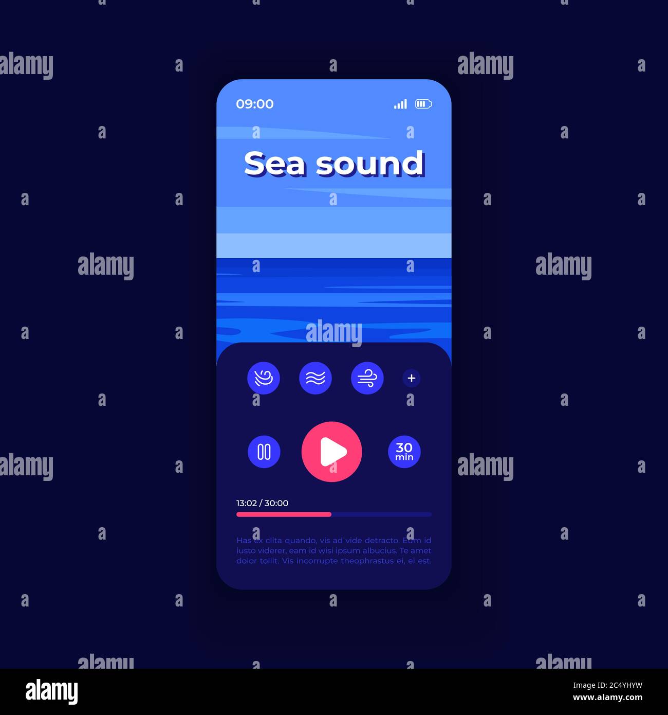 Calming sea sounds app smartphone interface vector template Stock