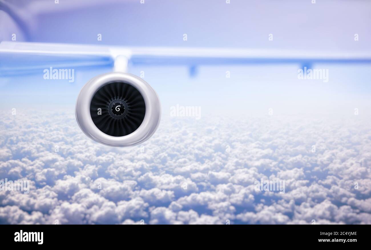 Airplane flight. Airplane engine and wings on the blue sky and white ...
