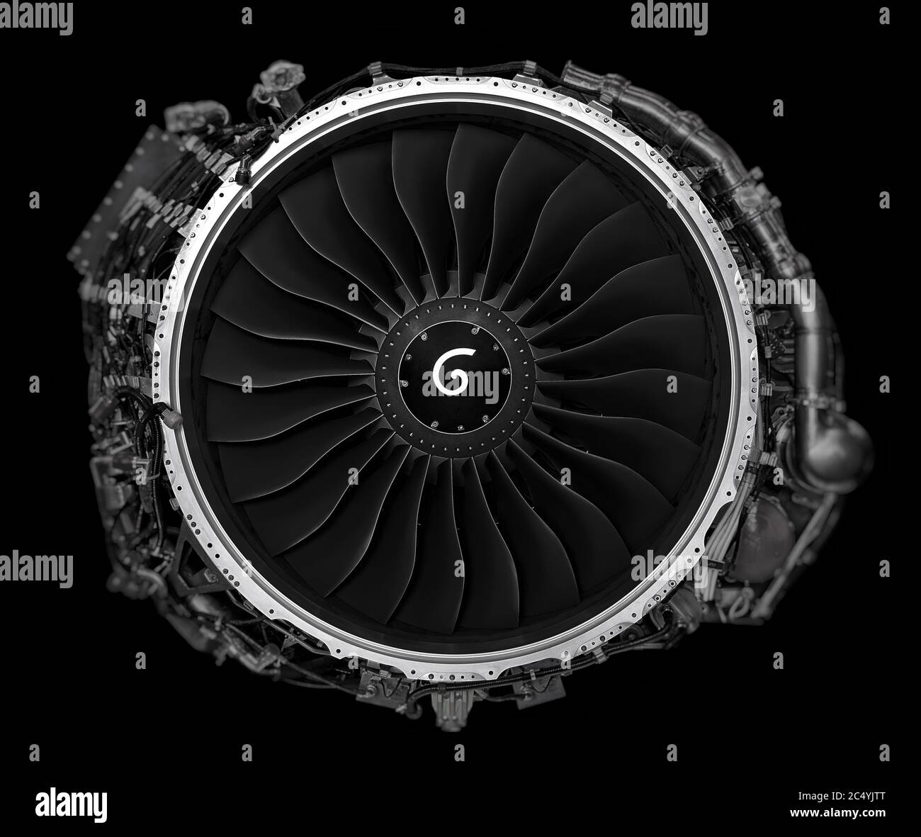 Jet engine front view isolated on black background. Close up of