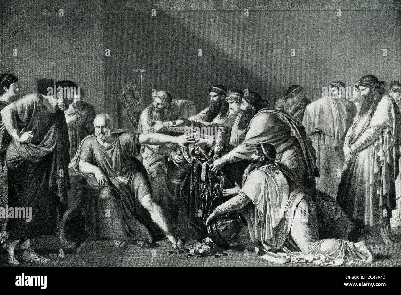 This illustrartion dates to 1906 and the caption reads: Hippocrates refusing the presents of Artaxerxes. Hippocrates of Cos was an ancient Greek physician who was born around 460 B.C. The Hippocratic Oath honors his name. The scene pictured here is based on the legend that Hippocrates said no to a formal invitation from artaxerxes, king of Persia, to visit his court. Stock Photo