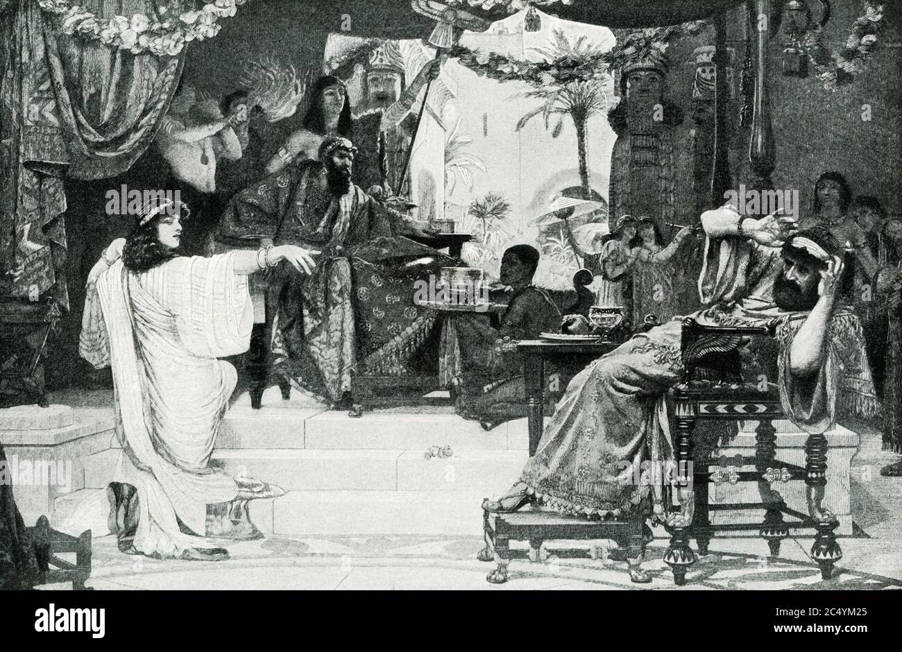This early 1900s illustrations shows esther before Athasuerus. The scene is from the Book of Esther and depicts Esther, the Jewish wife of the king Ahasuerus (sometimes named as Xerxes). After the king ordered the execution of all Jewish people in the Persian Empire, Esther went before him, without being summoned, to beg for him to spare her people. This broke court etiquette and Esther risked death in doing so. She ended up fainting before the king. Her action softened the king, and he permitted the Jews to defend themselves against his attack, preventing them from being killed off. Stock Photo