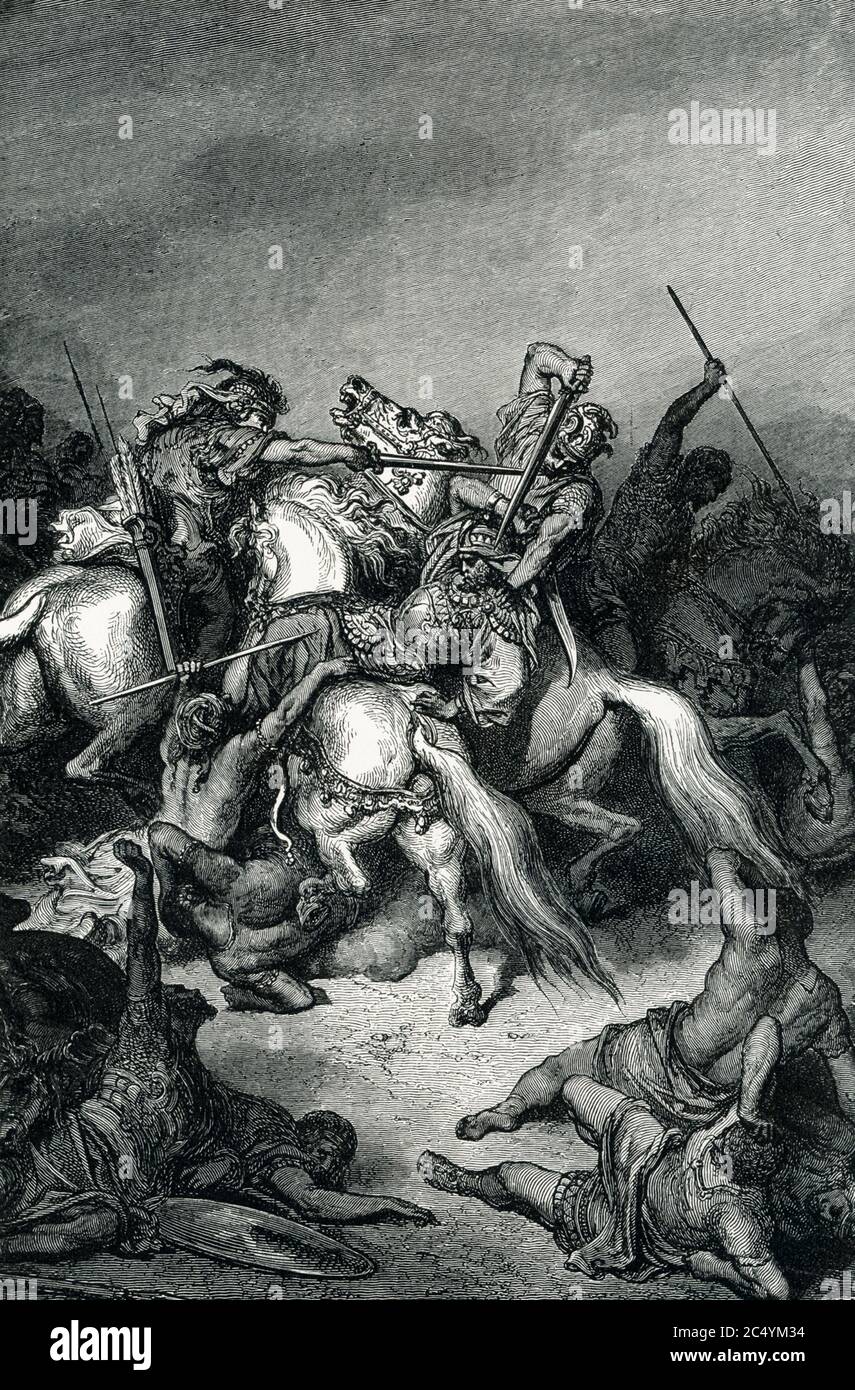 This early 1900s illustration shows Abraham defeating the Elamites. According to the Genesis 14 in the bible: The king of Sodom, the king of Gomorrah, the king of Admah, the king of Zeboiim, and the king of Bela (that is, Zoar) went out, and they joined battle in the Valley of Siddim with Chedorlaomer king of Elam, Tidal king of Goiim, Amraphel king of Shinar, and Arioch king of Ellasar, four kings against five. Now the Valley of Siddim was full of bitumen pits, and as the kings of Sodom and Gomorrah fled, some fell into them, and the rest fled to the hill country. So the enemy took all the po Stock Photo