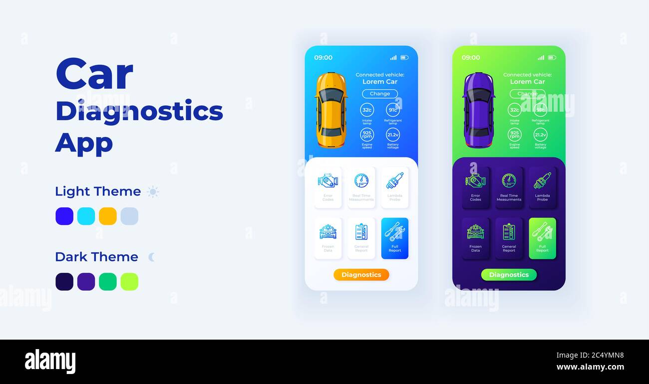 Car diagnostics app cartoon smartphone interface vector templates set