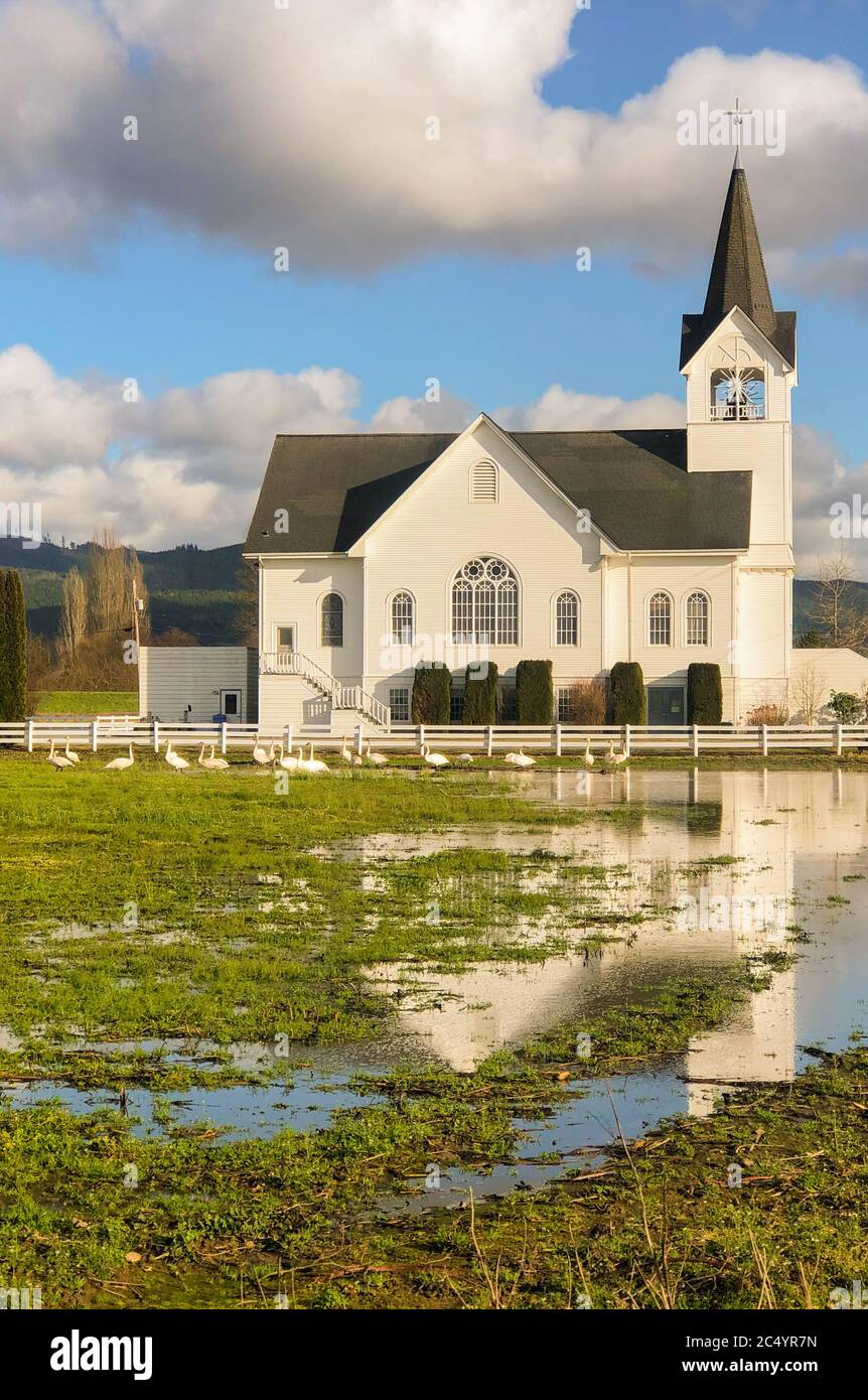Small rural chapel set against a blue sky with white clouds and geese in the foreground.  Reflection. Stock Photo