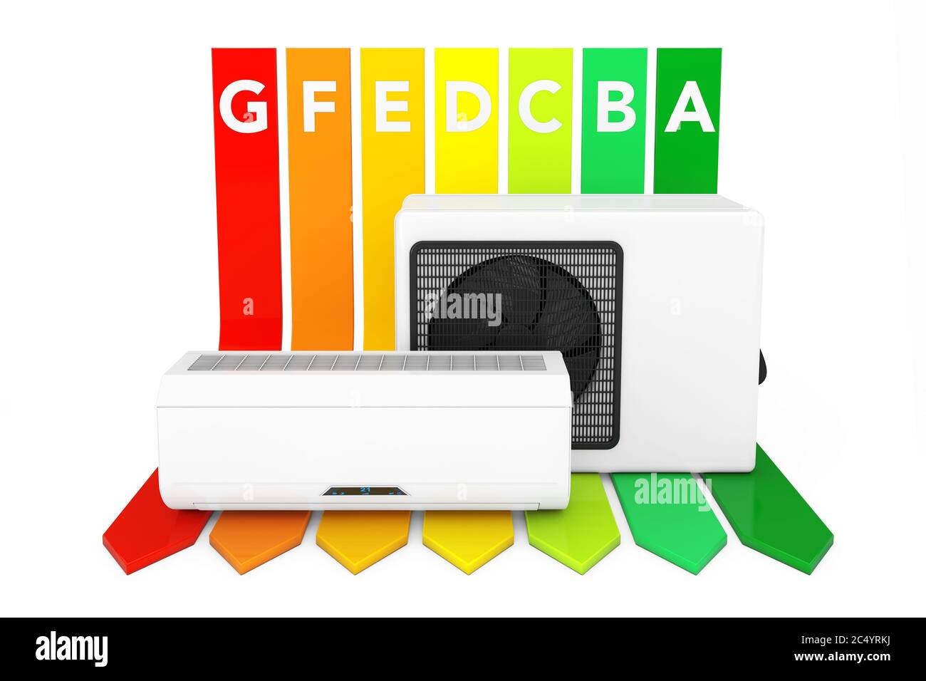 Modern Air Conditioner over Energy Efficiency Rating Chart on a white