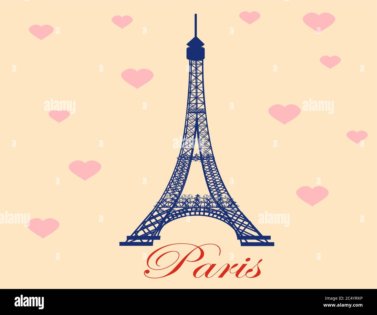 Eiffel Tower decorated with hearts. Paris, France. Vector. Stock Vector