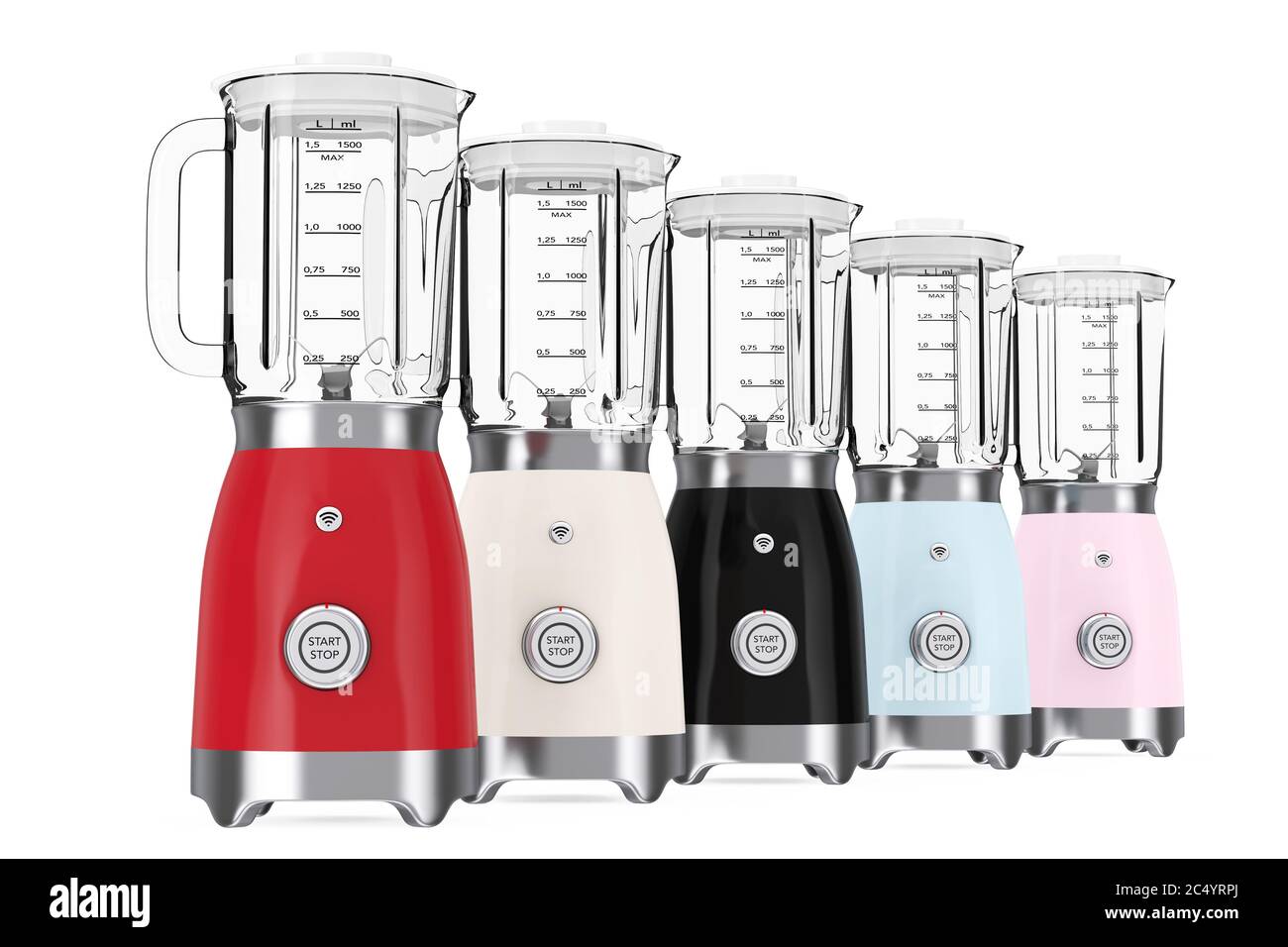 Kitchen Appliance Concept. Modern Multicolour Electric Blenders on a white  background. 3d Rendering Stock Photo - Alamy