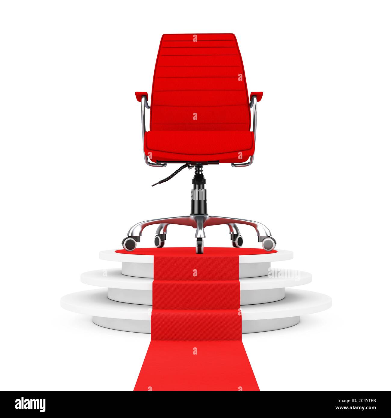 Red Leather Boss Office Chair over Round White Pedestal with Steps and a Red Carpet on a white backgroundl. 3d Rendering. Stock Photo