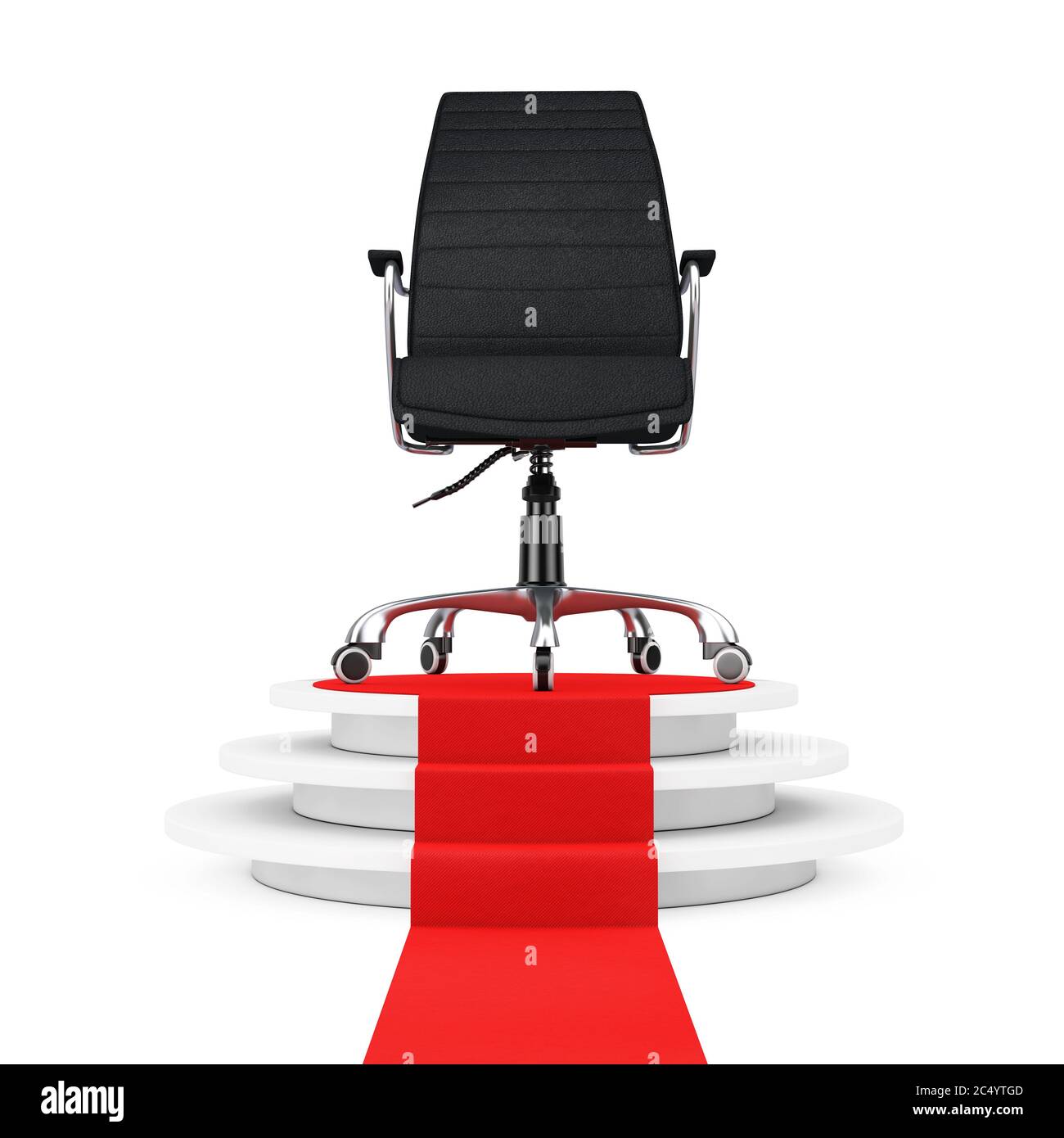 Black Leather Boss Office Chair over Round White Pedestal with Steps and a Red Carpet on a white backgroundl. 3d Rendering. Stock Photo