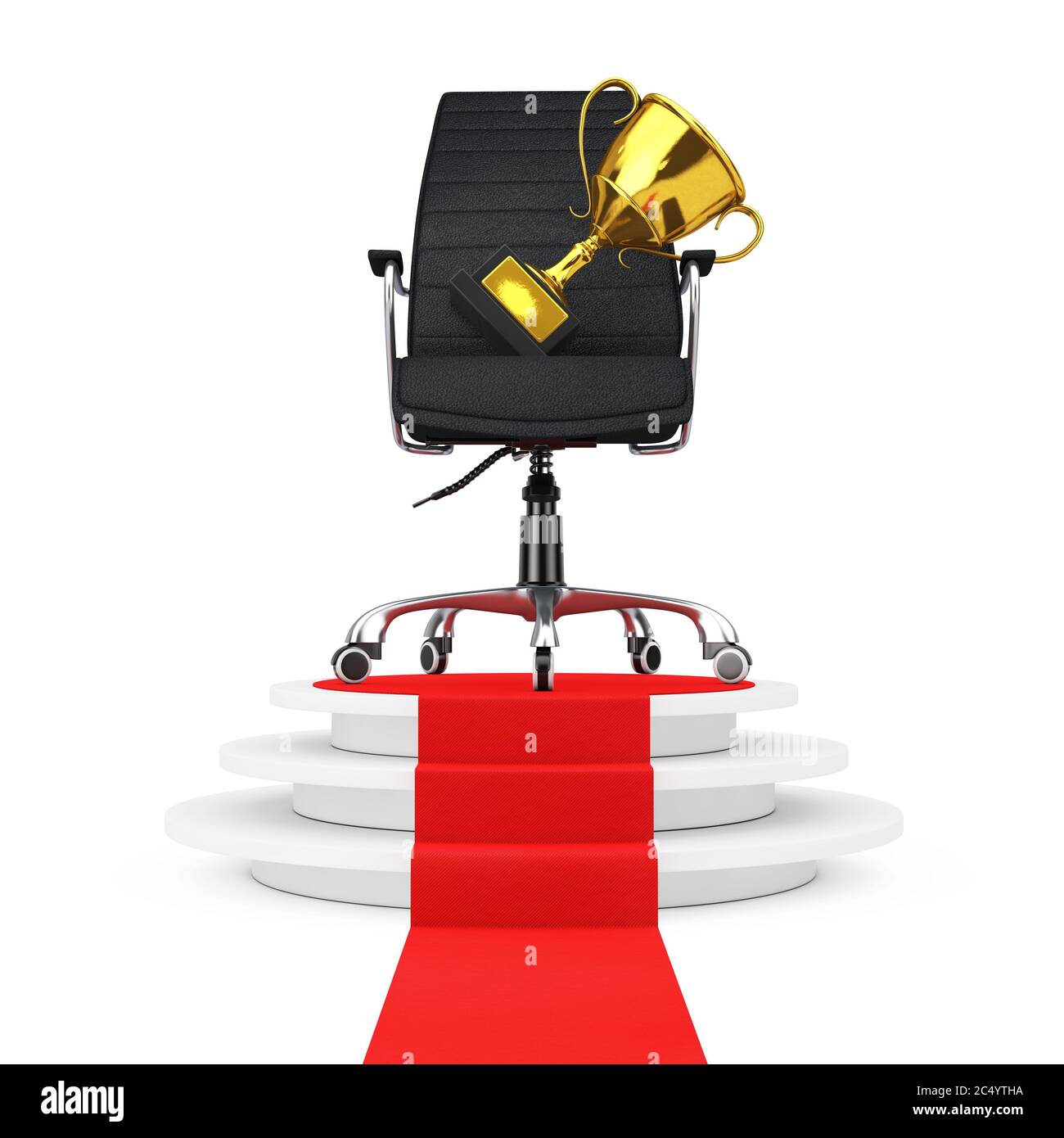 Black Leather Boss Office Chair with Golden Trophy over Round White Pedestal with Steps and a Red Carpet on a white backgroundl. 3d Rendering. Stock Photo