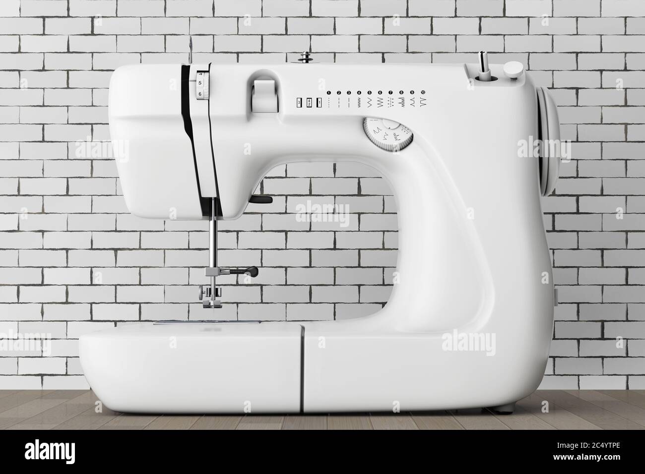 Modern White Sewing Machine in front of brick wall. 3d Rendering. Stock Photo