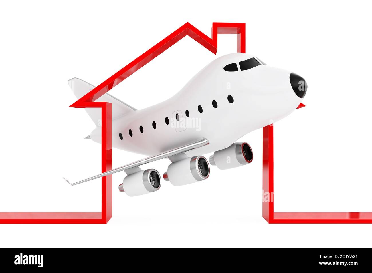 Cartoon Toy Jet Airplane in Abstract Airport or Hangar Building Shape on a white background. 3d Rendering. Stock Photo