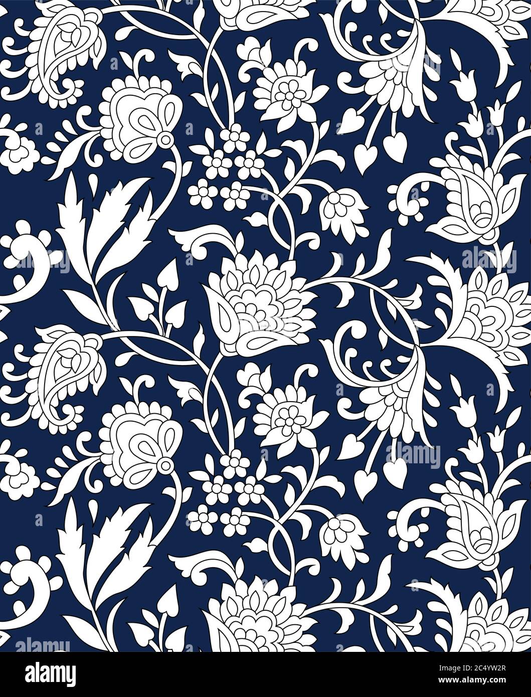 traditional indian paisley pattern on navy background Stock Vector