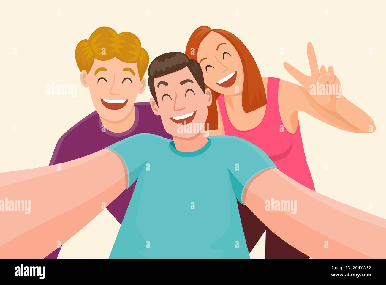 Group of three friends taking a selfie and laughing. Friendship and youth concept. Vector illustration. Stock Vector