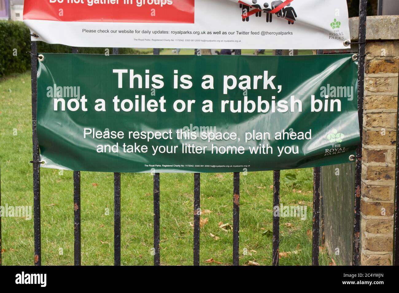 An anti-littering park sign in the Royal Parks Greenwich. Lockdown easing has caused a rise in park litter Stock Photo