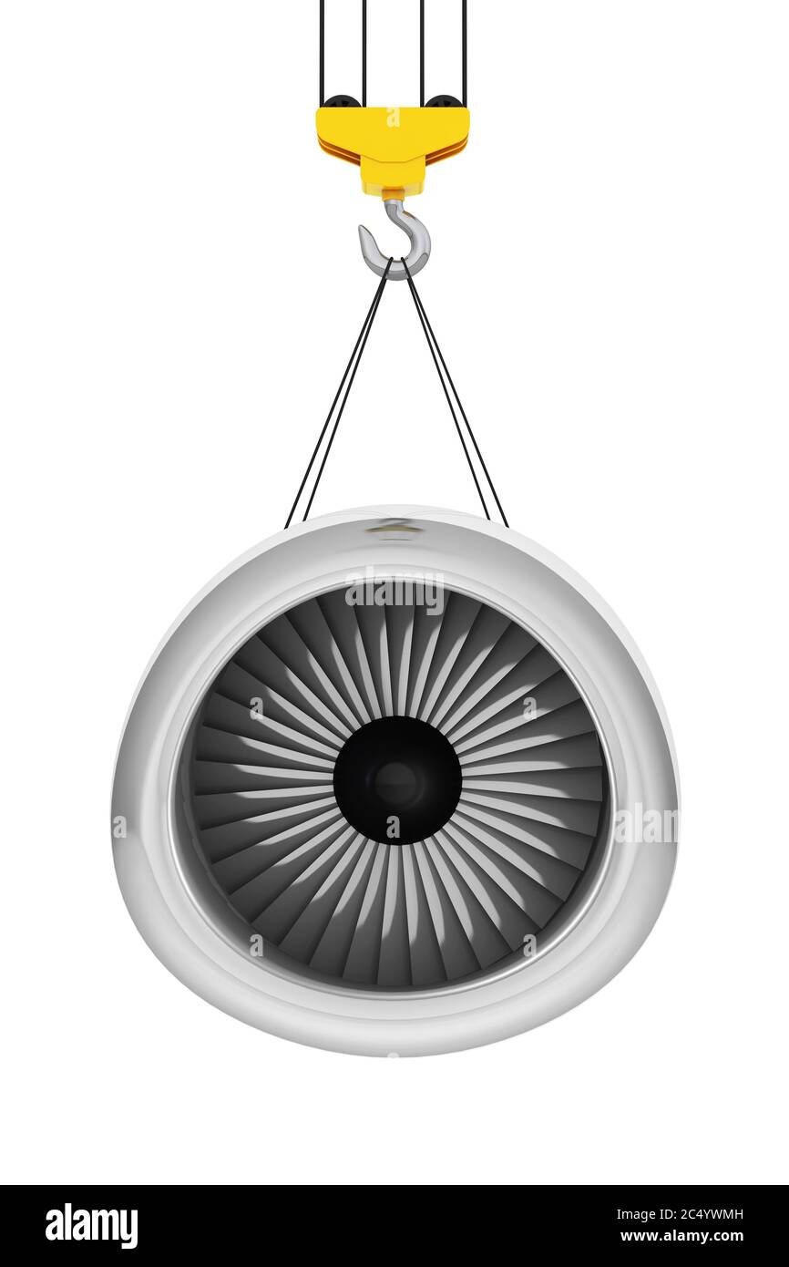 Crane Hook Lift Aircraft Jet Engine on a white background. 3d Rendering. Stock Photo