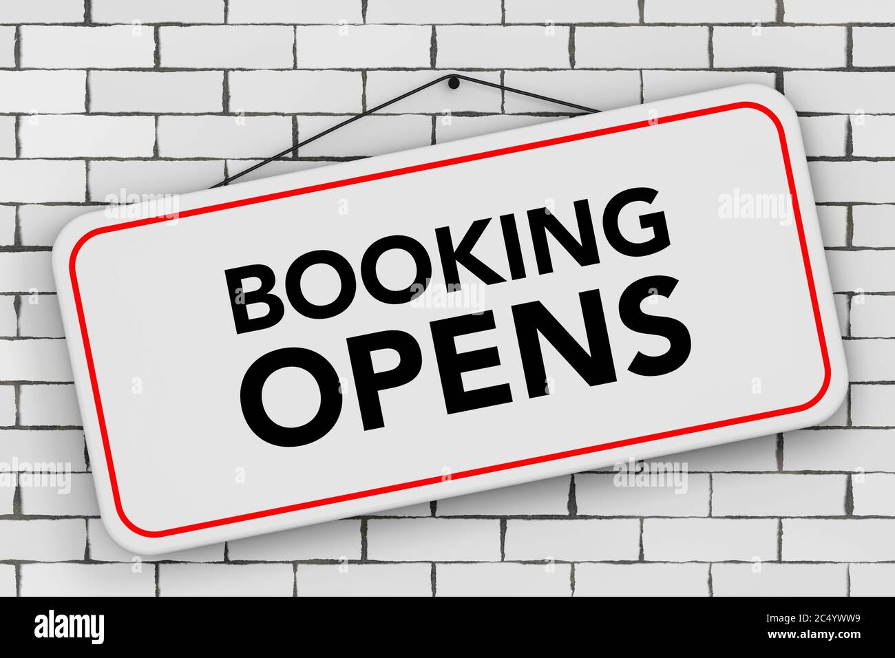 Booking Open Sign Hanging on Rope in front of brick wall. 3d Rendering ...