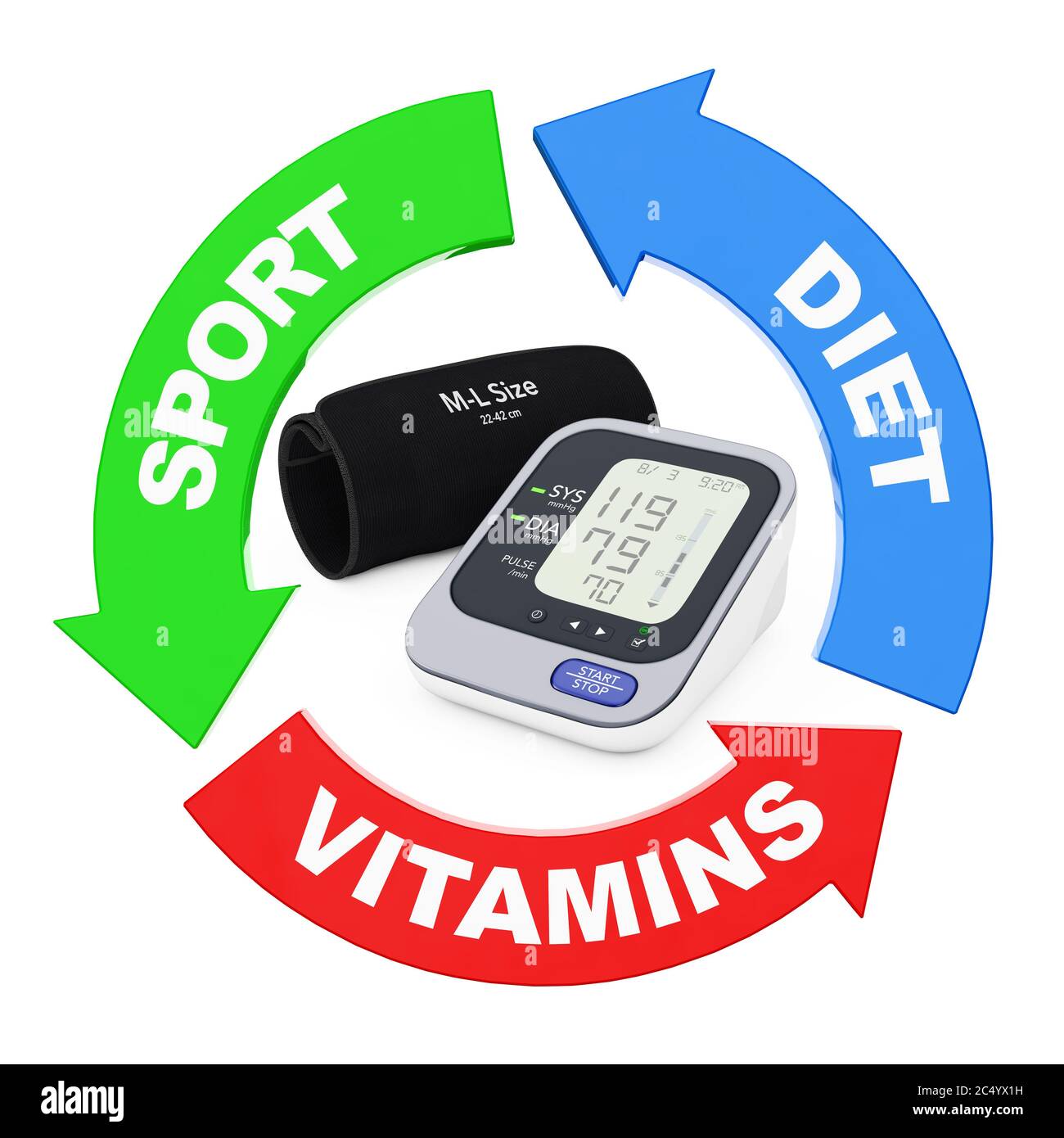 Arrow with Sport, Diet and Vitamins Sign around Digital Blood Pressure Monitor with Cuff on a