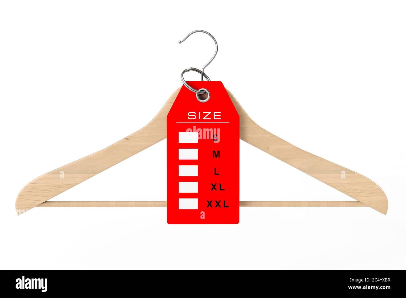 https://c8.alamy.com/comp/2C4YXBR/wooden-clothes-hanger-and-dress-tag-with-size-sign-on-a-white-background-3d-rendering-2C4YXBR.jpg