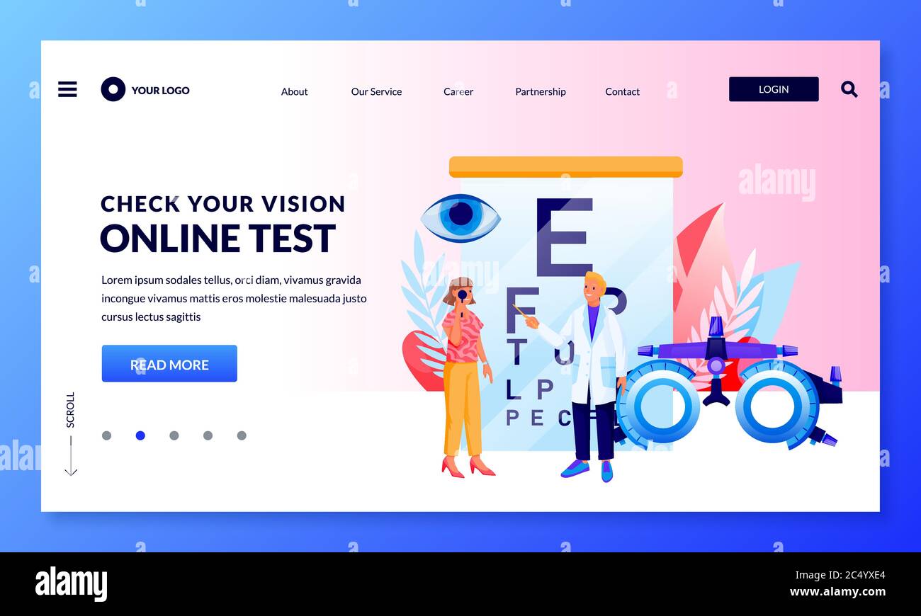 Eyesight check and eye care concept. Doctor and patient do vision test. Consultation of professional optometrist or ophthalmologist in medical clinic. Stock Vector
