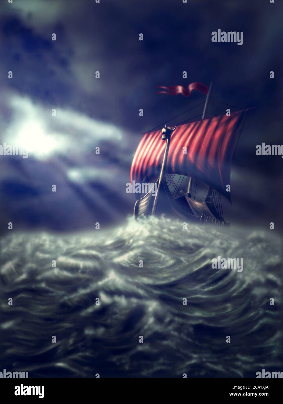 Viking ship on a stormy sea, the rays of the sun shining through the cloudy sky - painting Stock Photo