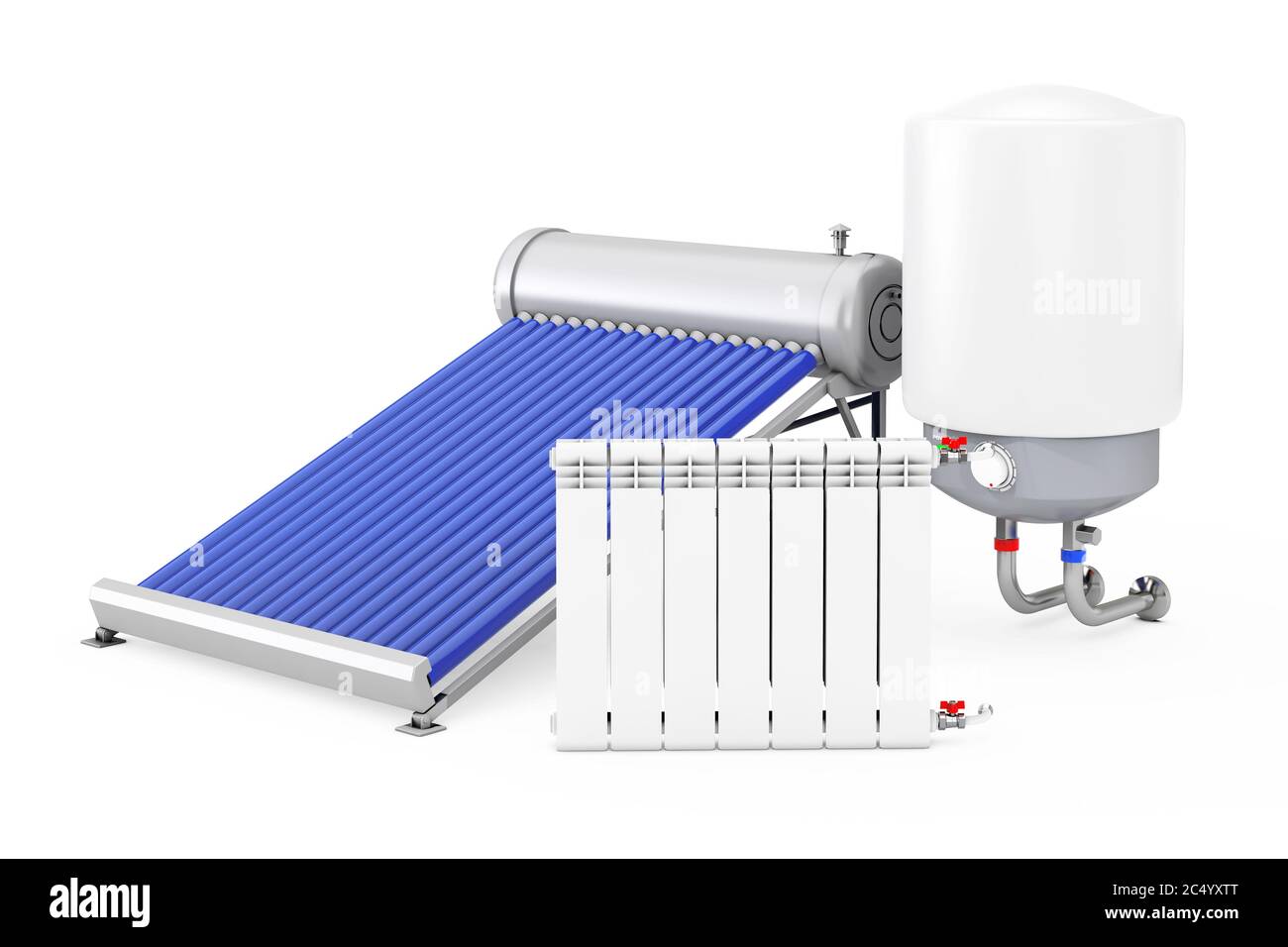 Solar Water Heater with Boiler and Radiator on a white background. 3d Rendering. Stock Photo