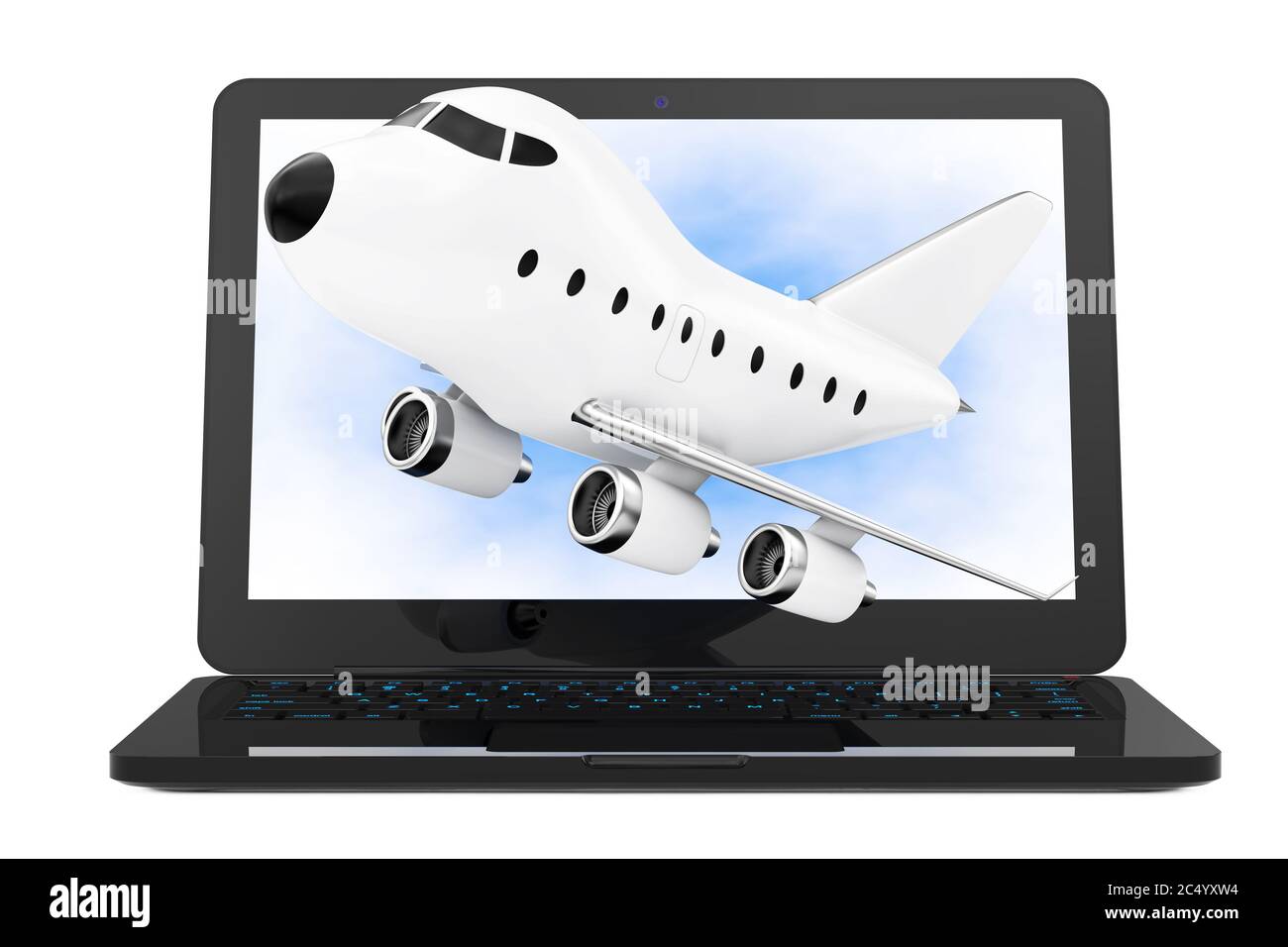 Modern Laptop Computer with Cartoon Toy Jet Airplane Flying out from