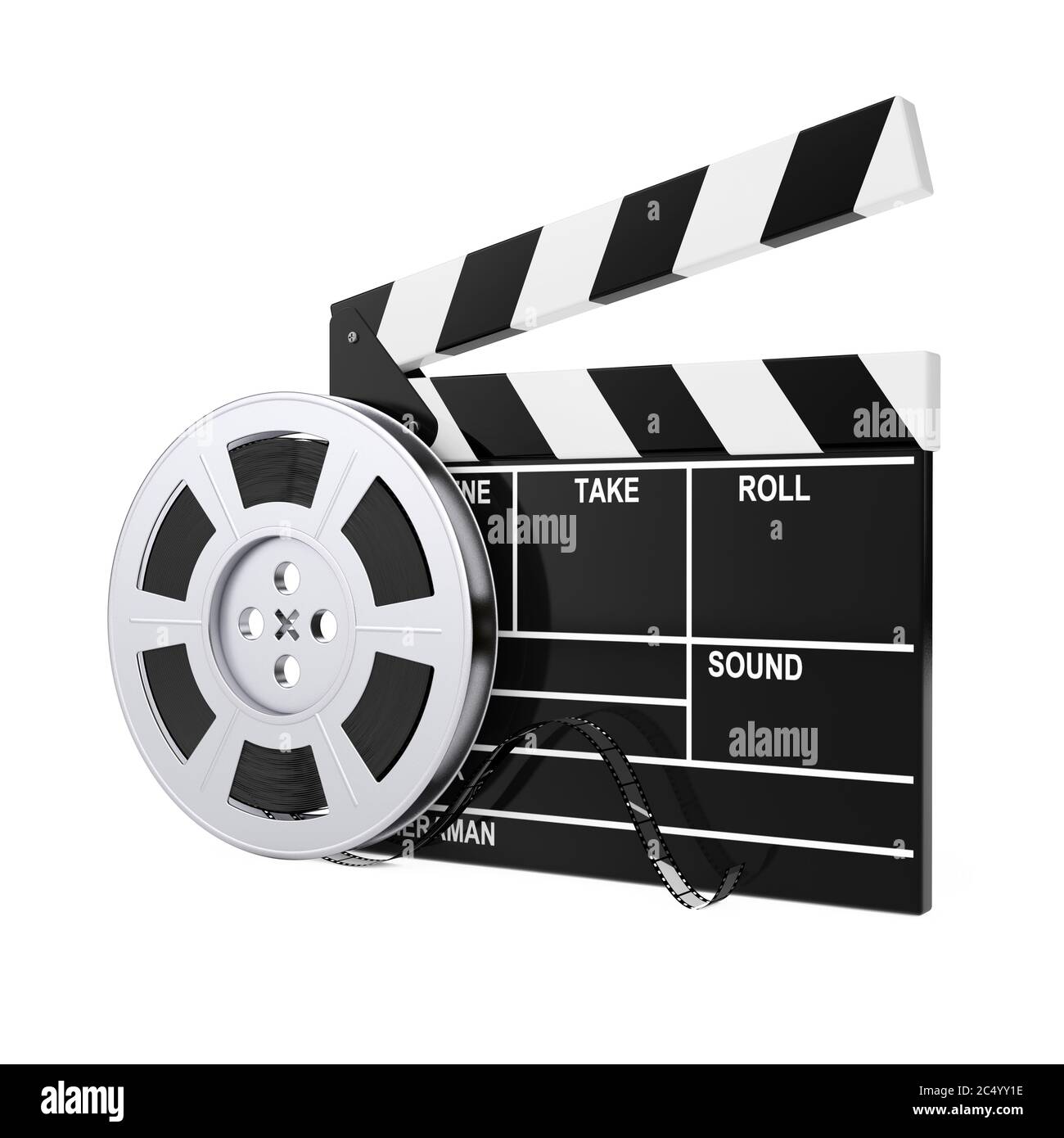 https://c8.alamy.com/comp/2C4YY1E/film-reel-with-cinema-tape-near-clapboard-on-a-white-background-3d-rendering-2C4YY1E.jpg