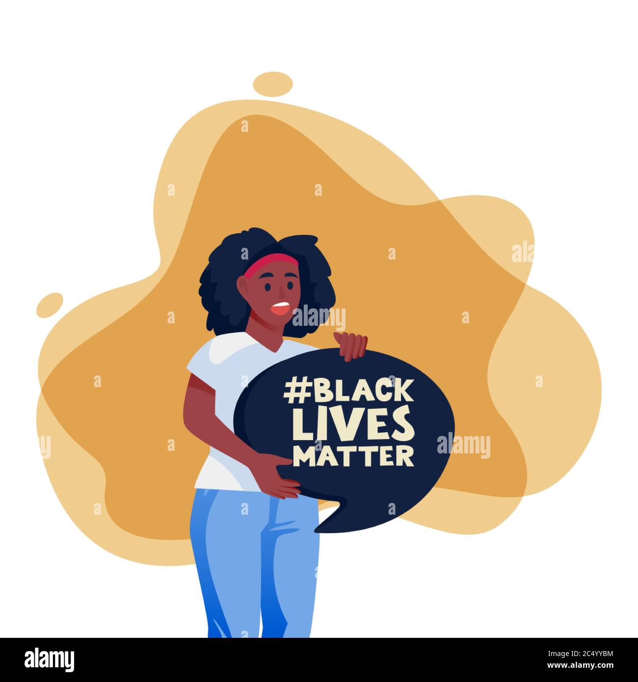 African american protesting woman with speech bubble poster. Black lives matter hashtag, protest and fight for rights concept. Vector flat cartoon cha Stock Vector