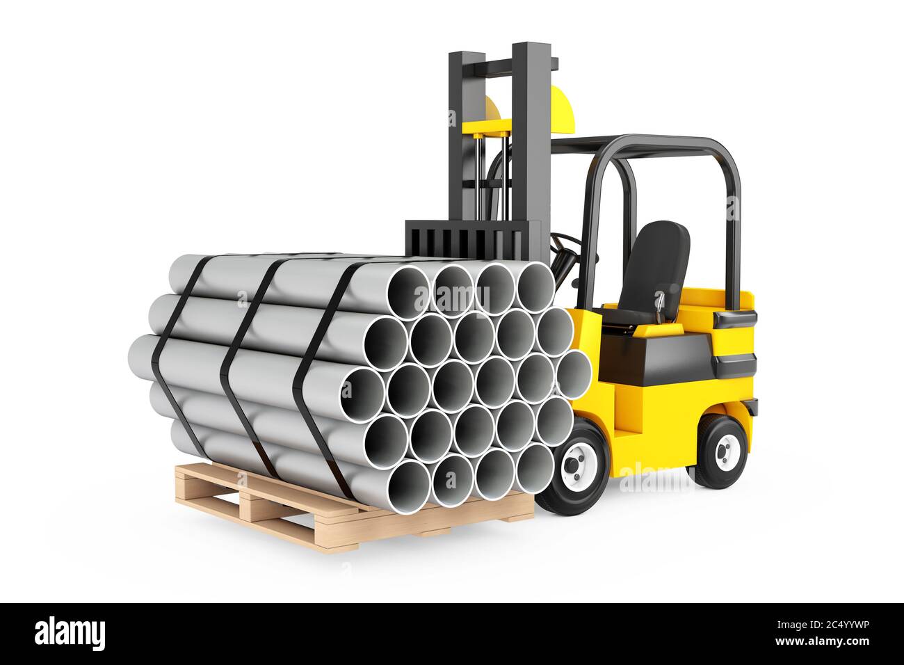 Forklift Truck Carry Stack of Metal Pipes on a white background. 3d Rendering. Stock Photo