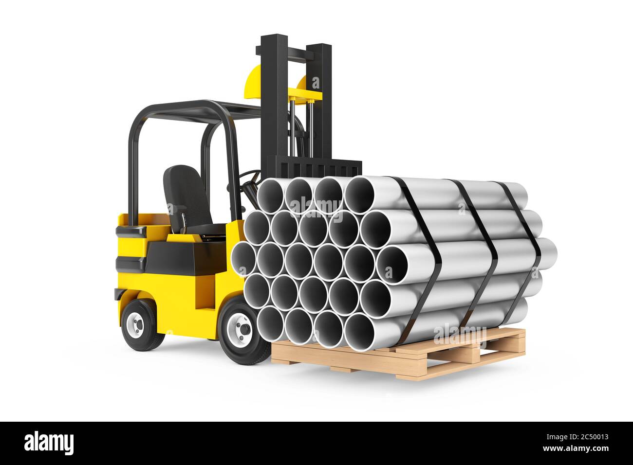 Forklift Truck Carry Stack of Metal Pipes on a white background. 3d Rendering. Stock Photo