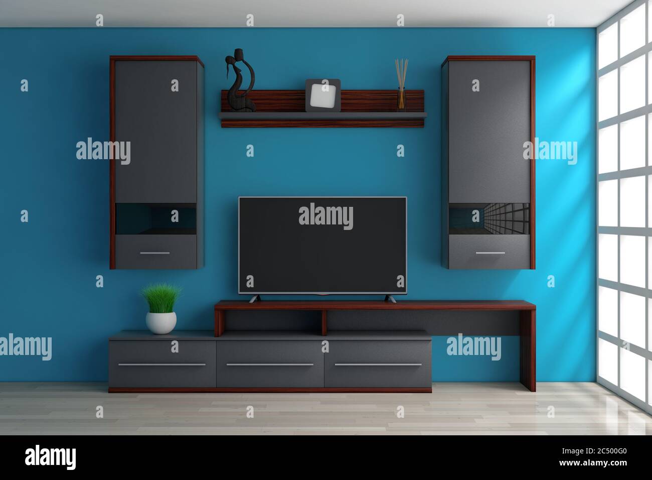 Modern Living Room Wall Unit in Room in front of blue wall. 3d