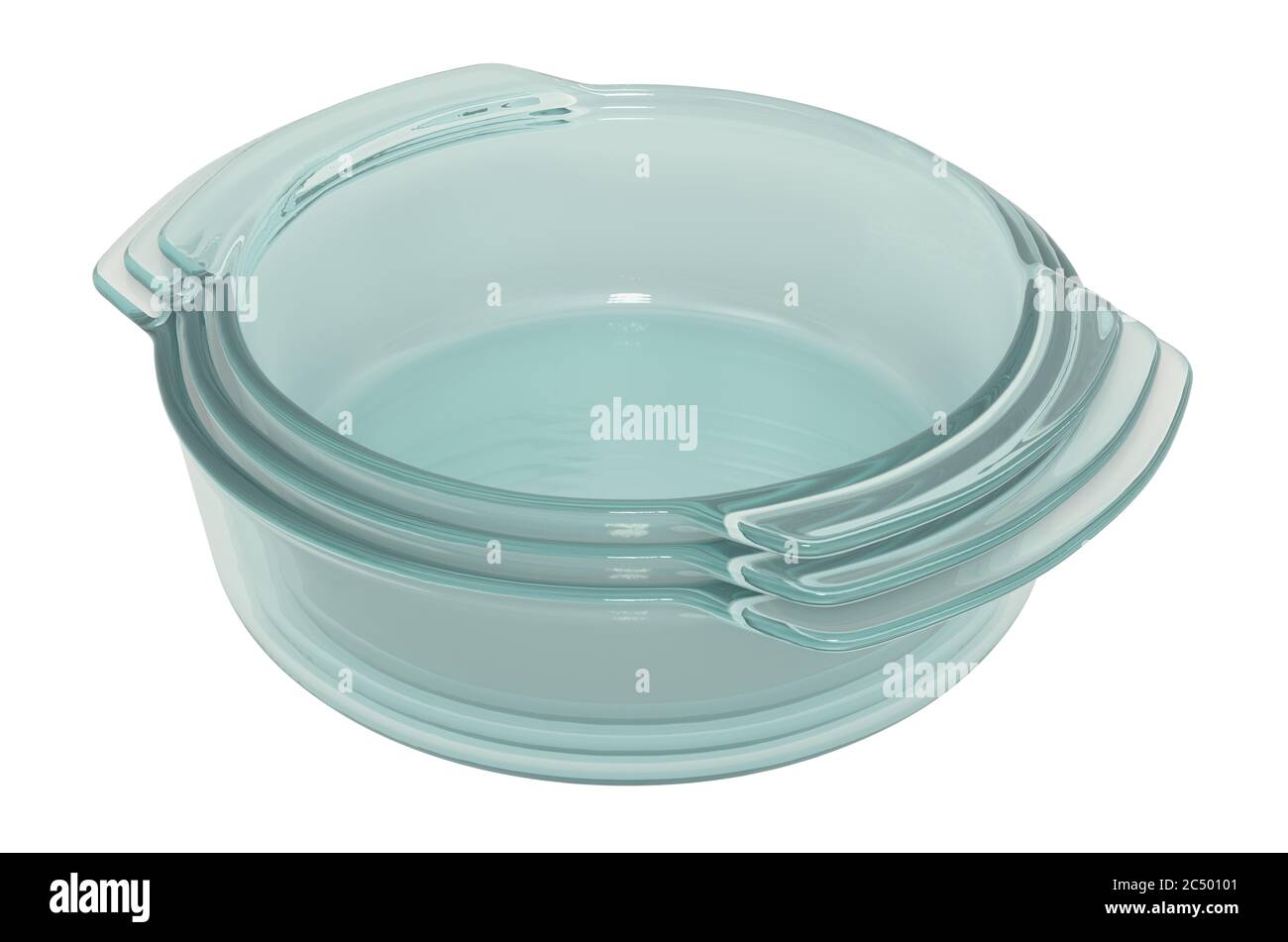 Set of round clear glass baking dishes, 3D rendering isolated on white