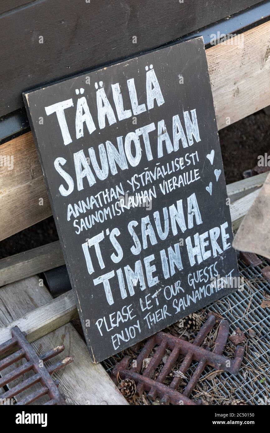 It's sauna time in here. Blackboard sign by Lonna island sauna in  archipelago of Helsinki, Finland Stock Photo - Alamy