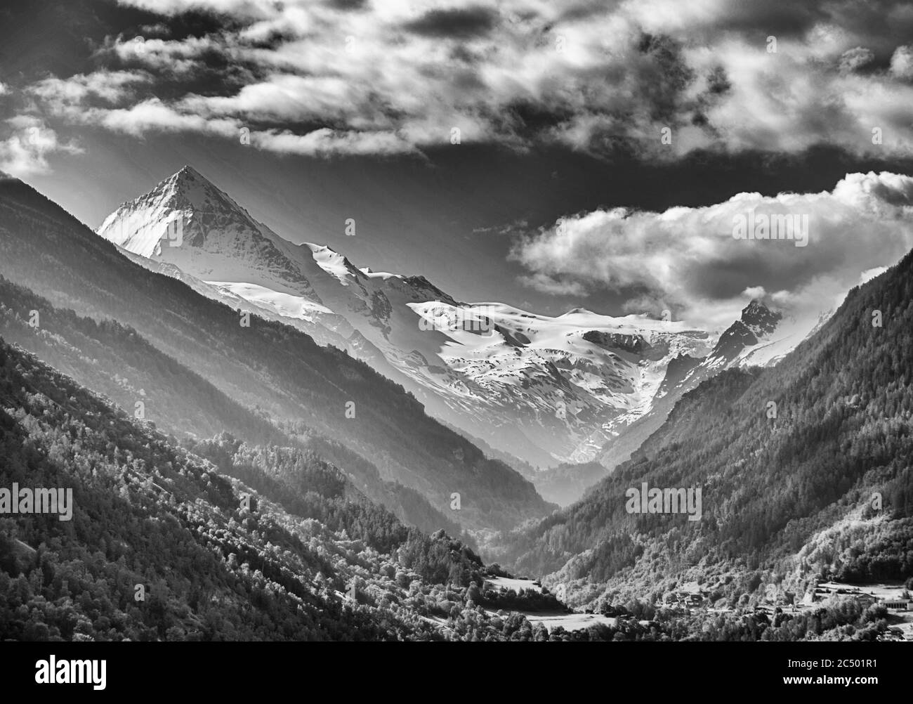 Switzerland, Valais Canton, Val d'Herens, Dent Blanche mountain (alt. 4357m/14,290ft.), monochrome Stock Photo
