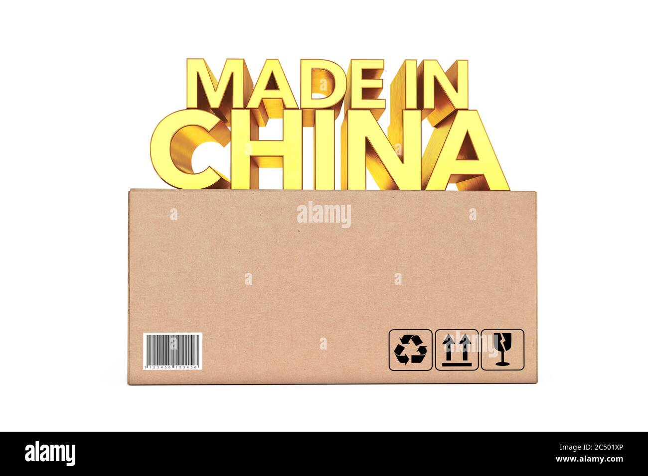 Golden Made In China Sign over Parcel Box on a white background. 3d Rendering. Stock Photo
