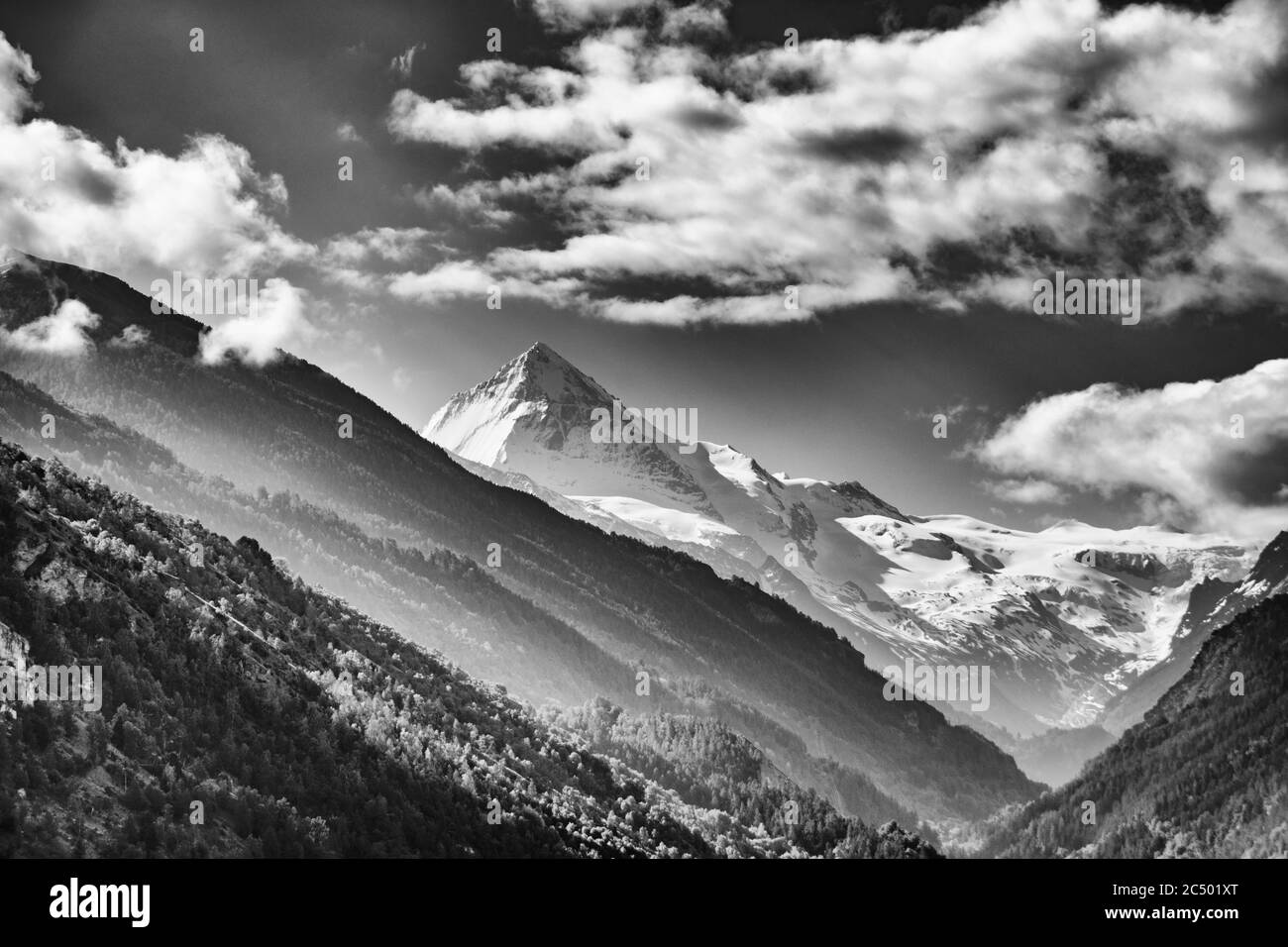 Switzerland, Valais Canton, Val d'Herens, Dent Blanche mountain (alt. 4357m/14,290ft.), monochrome Stock Photo
