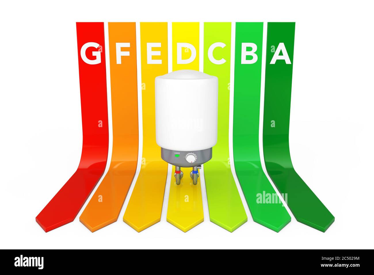 Modern Automatic Water Heater over Energy Efficiency Rating Chart on a