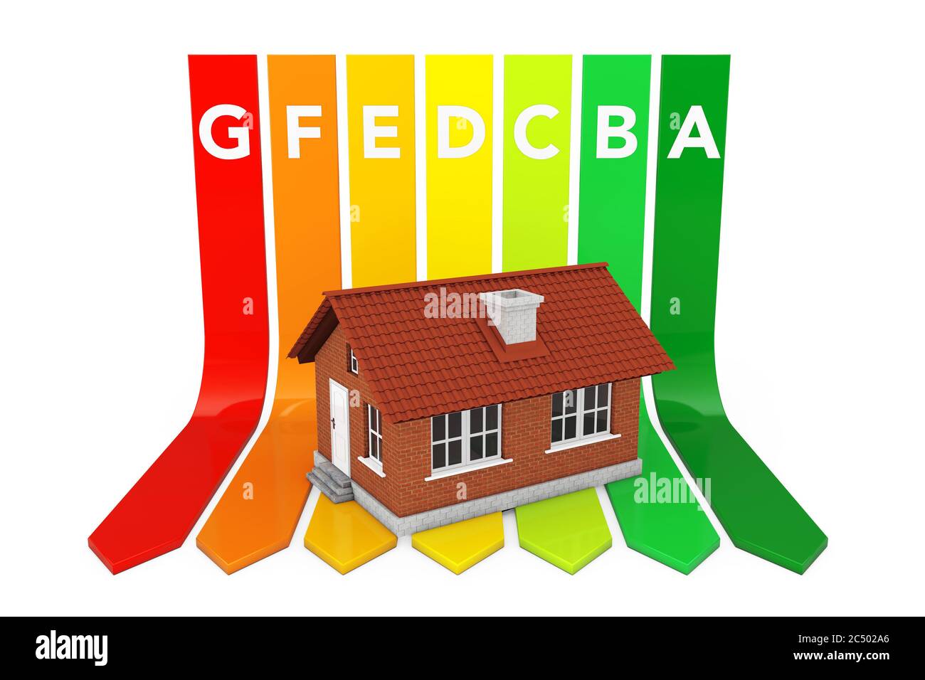 House over Energy Efficiency Rating Chart on a white background. 3d ...