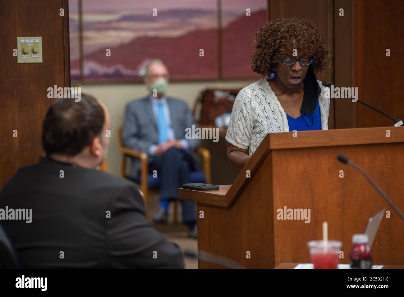 Manhattan, Kansas, USA. 29th June, 2020. TERESA RYNAI PARKS, speaks to the Riley County Commission on Monday. PARKS, and other community members addressed the commission regarding community masking and racial tensions within the county. Credit: Luke Townsend/ZUMA Wire/Alamy Live News Stock Photo