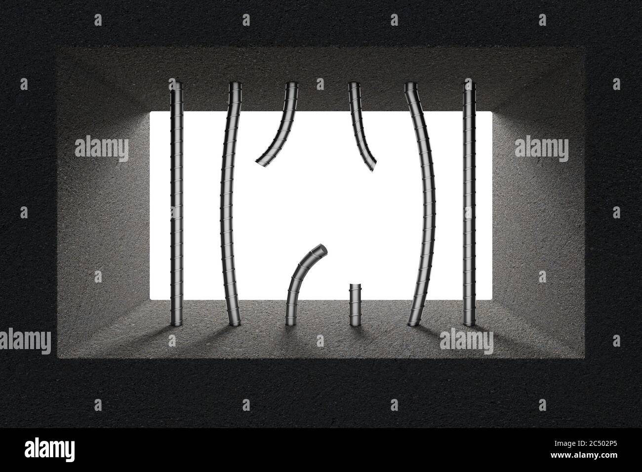 Broken Jail Bars in Prison Window extreme closeup. 3d Rendering Stock