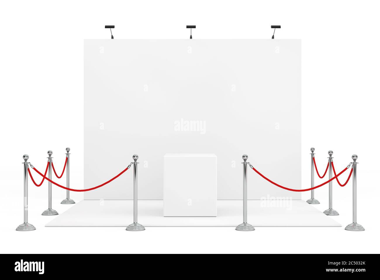 Barrier Rope Around Trade Show Booth with Empty Stand on a white ...