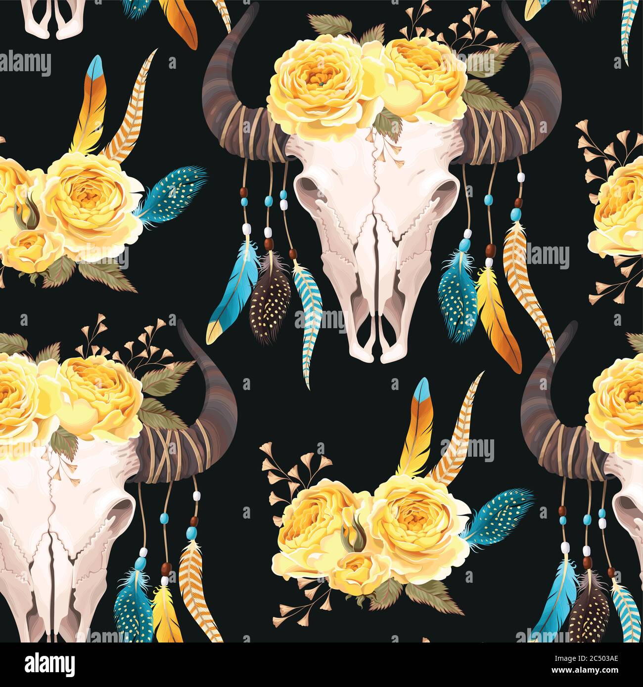 Buffalo skull decorated with flowers seamless Stock Vector