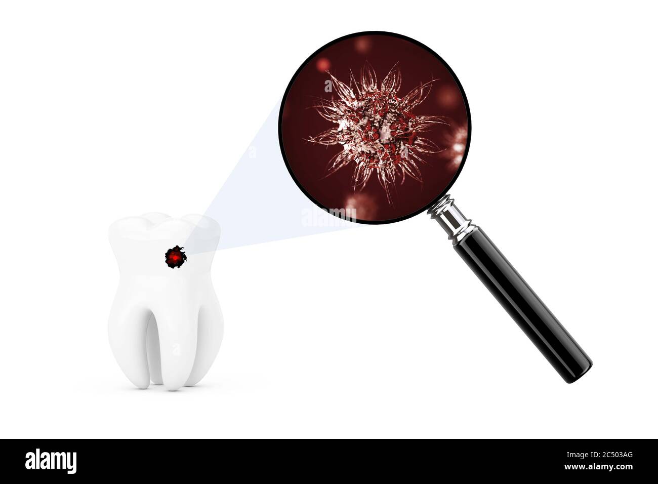 Bacterias and Viruses on a Tooth Seens Through Magnifying Glass on a white background. 3d Rendering. Stock Photo