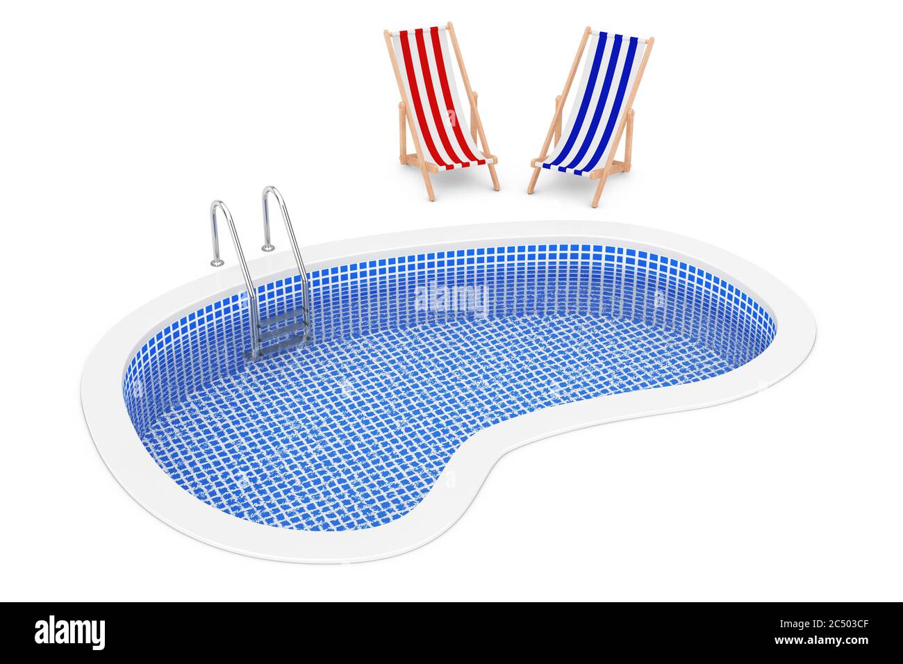 Blue Outdoor Swimming Water Pool with Ladder and Beach Chairs on a white background. 3d Rendering. Stock Photo