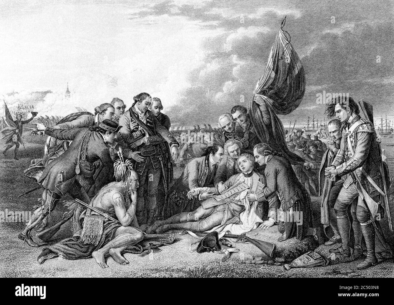 An engraved vintage illustration image of the death of General James Wolfe at the Battle of Quebec, from a Victorian book dated 1886 that is no longer Stock Photo