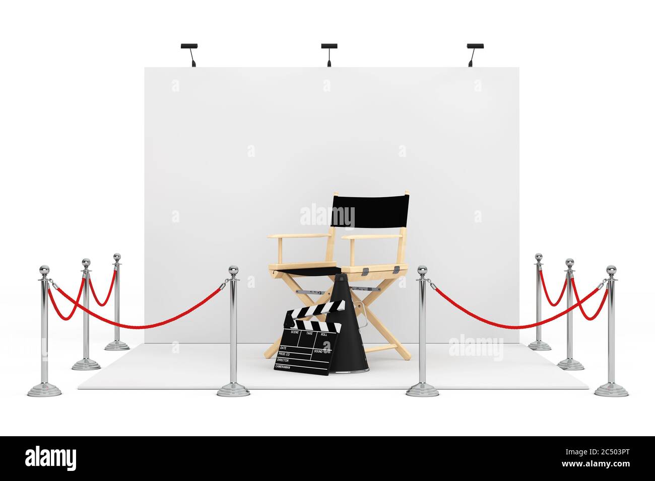 Barrier Rope Around Trade Show Booth with Director Chair, Movie Clapper ...