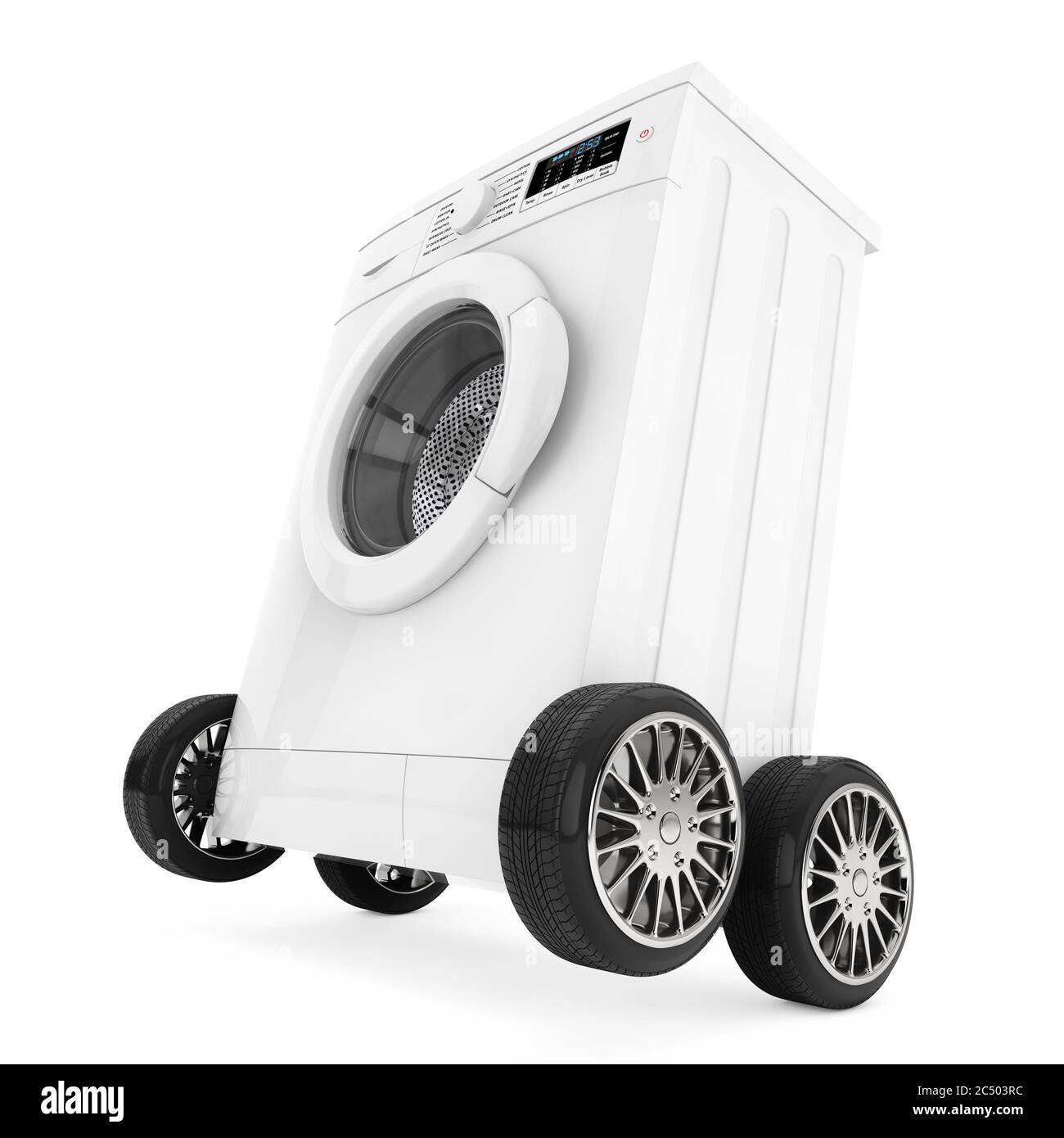 Modern Washing Machine on Wheels on a white background. 3d Rendering